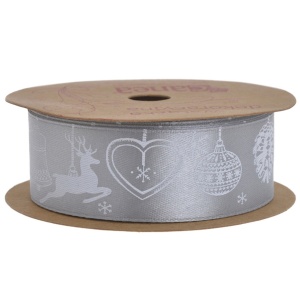 Panglica satinata argintie cu globuri si ren 28mm x 10m/rola Canea YB-PL2015_01