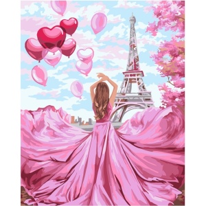 Pictura pe numere cu 24 culori acrilice si 3 pensule 40x50x1,6cm Niki4 - Paris roz KINPL7875