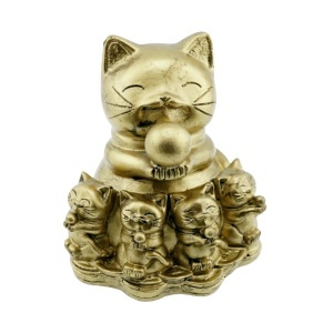 Statueta Feng Shui din rasina Pisica Maneki Neko cu pui 6,5x7x7,5cm auriu Z19