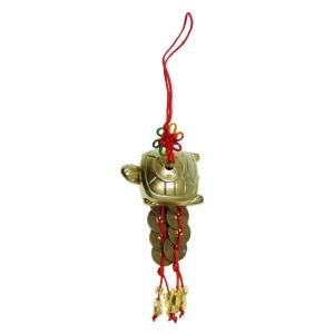 Amuleta Feng Shui - Broasca testoasa din rasina cu monede si margele 12cm rosu/bronz