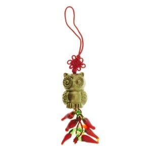Amuleta Feng Shui - Bufnita din rasina si ardei rosii 12cm rosu/bronz