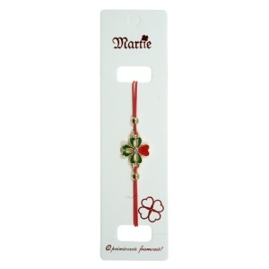 Bratara martisor fir elastic link metalic trifoi cu inima si stras auriu/verde/rosu