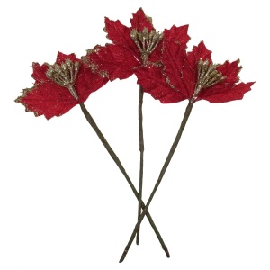 Crenguta cu craciunita rosie si sclipici auriu 5,5cm cu tija 16cm 3/set