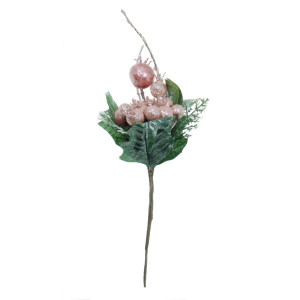 Crenguta cu mar/macese si bobite roz cu sclipici 26cm