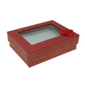 Cutie carton bijuterii dreptunghiulara cu fereastra si fundita 8,5x6,5x2,8cm rosu SS201