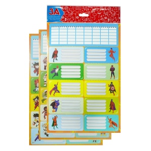 Etichete scolare autoadezive model baieti 7,4x3,3cm si orar 15,1x4,9cm 3 coli x 10+1buc/set