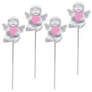 Inger ceramica alb cu inima roz 3,9x3,6cm pe bat 4/set Canea RD18-3228