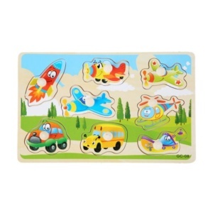 Joc educativ de potrivire din lemn - Mijloace de transport model 2- multicolor 14,8x22,5x0,4cm 8 piese cu maner + suport