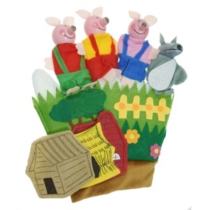 Marioneta manusa cu 4 personaje - Cei trei purcelusi - pasla, textil, lemn 18x21cm - Img 2