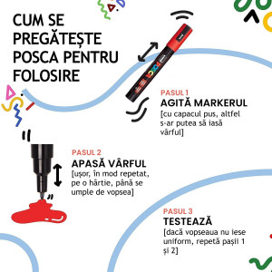 Marker vopsea pe baza de apa varf fin 0,7-1mm Uni Posca pc-1m 8 culori/set - Img 3