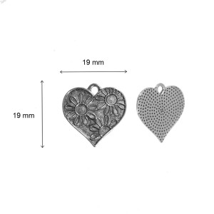 Pandantiv metalic argintiu inchis inima cu flori 19x19mm 8/set - Img 2