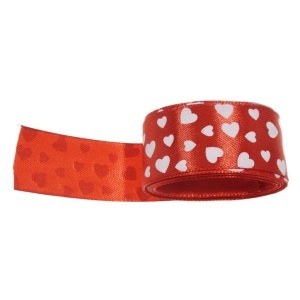 Panglica satinata rosie cu inimi albe mici 25mm x 3m