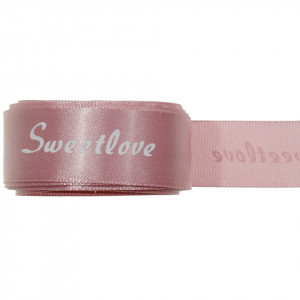 Panglica satinata roz inchis inscriptie Sweet love 25mm x 5m