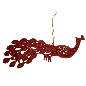 Paun plastic cu sclipici rosu si agatatoare 18,5x7cm