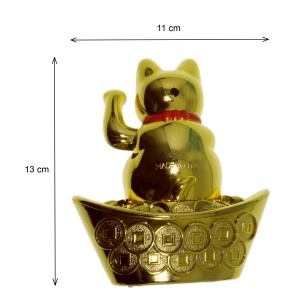 Pisica norocoasa Maneki Neko Feng Shui plastic 13cm auriu FN101 solara - Img 2
