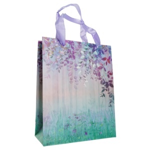 Punga carton maner panglica model camp cu flori si crengi 18x10x23cm mov deschis/multicolor
