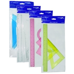 Trusa geometrie 4 piese culori diverse 1 rigla de 30cm/2 echere/1 raportor COMBO S41