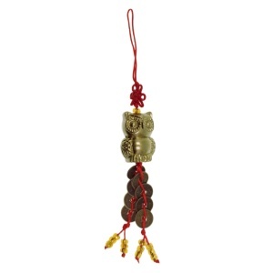 Amuleta Feng Shui - Bufnita din rasina cu monede si margele 12cm rosu/bronz