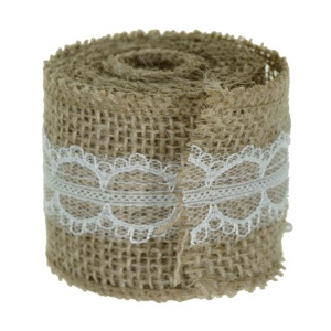 Banda iuta natur cu dantela alba pe mijloc model-2 6cm x 2m