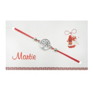 Bratara martisor fir elastic link metalic copac argintiu/rosu