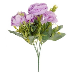 Bujor textil si plastic roz liliachiu si garofita 31cm 6 ramificatii/buchet