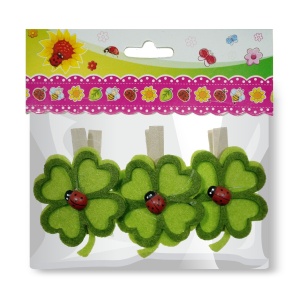 Cleste lemn trifoi 4 foi pasla si buburuza lemn 6x4cm 3/set natur/verde/rosu