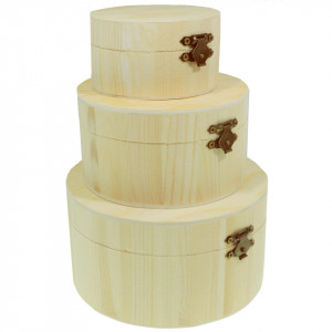 Cutie lemn rotunda nefinisata cu inchizatoare clapeta 3/set: 15x8-12x6,5-9x5cm A9004