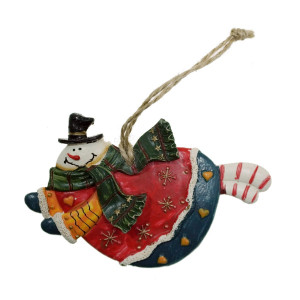 Decoratiune Craciun ceramica om de zapada cu fular verde si agatatoare 6x10cm