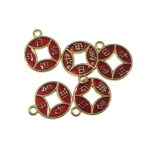 Pandantiv metalic moneda chinezeasca 14x17mm 5/set auriu/rosu