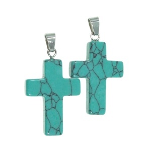 Pandantiv piatra semipretioasa sintetica turcoaz cruce 19x29mm cu agatatoare metalica argintie 2/set