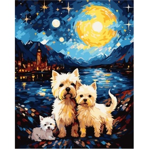 Pictura pe numere cu 24 culori acrilice si 3 pensule 40x50x1,6cm Niki4 - Catelusi KINPL8435