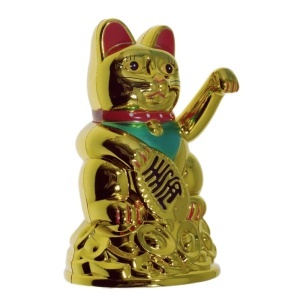 Pisica norocoasa Maneki Neko Feng Shui plastic 11cm auriu cu baterie AA (neinclusa)