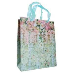 Punga carton maner panglica model trandafiri si orhidee 18x10x23cm bleu/multicolor