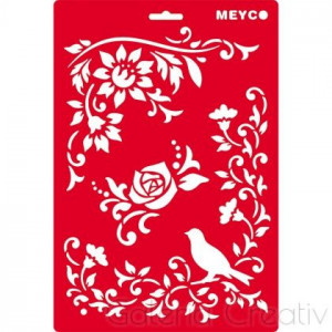 Sablon plastic alb/rosu flori si pasari A4 Meyco 66046