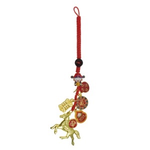 Amuleta Feng Shui - Cal cu moneda Abac Wu Lou si sac de bani 11cm auriu/multicolor