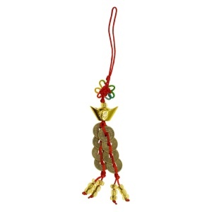 Amuleta Feng Shui - Pepite cu monede si margele 11cm rosu/bronz