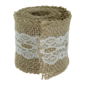 Banda iuta natur cu dantela alba pe mijloc model-3 6cm x 2m