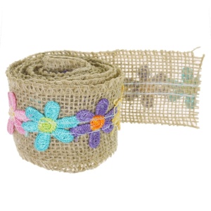 Banda iuta natur cu flori multicolor 5cm x 1m/rola