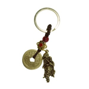 Breloc Feng Shui - Buddha cu sceptrul puterii piersica si monede 10cm auriu/rosu