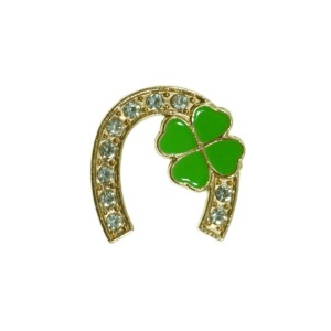 Brosa potcoava cu strasuri si trifoi cu 4 foi 2,2x2,3cm auriu/verde deschis