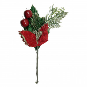 Crenguta brad/craciunita cu sclipici auriu si mere 22cm