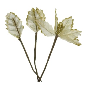 Crenguta cu craciunita crem si sclipici auriu 16cm 3/set