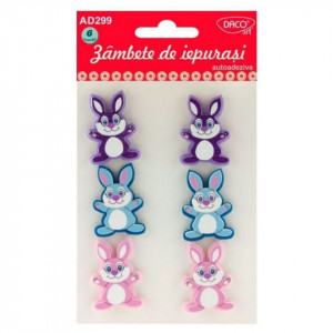 Iepure 3D lemn + pasla mov/bleu/roz cu adeziv 4x3cm x 0,4mm 6/set Daco AD299
