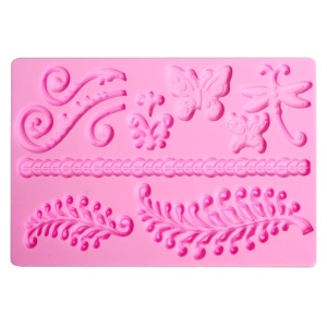 Matrita silicon dreptunghiulara dantela, fluturi, frunze 20x12,5x0,7cm 27552 roz