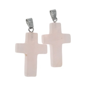 Pandantiv piatra semipretioasa cuart roz cruce 19x29mm cu agatatoare metalica argintie 2/set