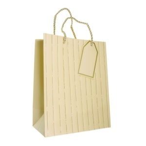 Punga hartie bej cu dungi interior alb maner snur rasucit 18x10x23cm