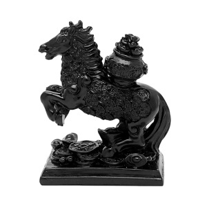 Statueta Feng Shui din rasina Cal cu Vasul Bogatie pe suport 4,5x7x9cm negru
