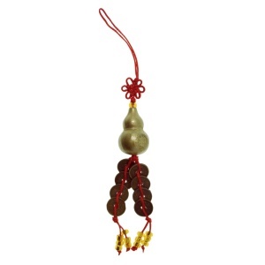 Amuleta Feng Shui - Wu Lou cu monede si margele 14cm rosu/bronz