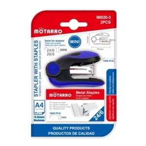 Capsator mini 7cm pentru capse 26/6, 24/6 + capse albastru/negru MI020-3