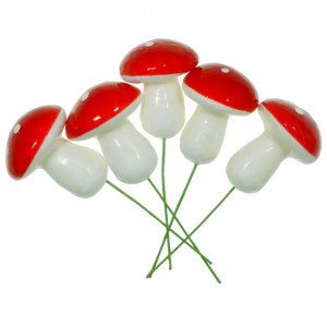 Ciuperca polistiren rosie lucioasa cu buline albe 3,5x4,5cm cu tija 5/set